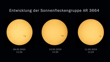 Sonnenfleckengruppe AR3664Zeitliche Entwicklung der großen Sonnenfleckengruppe, welche für die Polarlichter am 10. Mai 2024 verantwortlich war. Aufgrund der Rotation der Sonne wandert sie täglich ein Stück nach Westen, verändert sich dabei aber auch.Digitale Vollformat-Systemkamera, Teleobjektiv, TelekonverterBrennweite 840 mm – Blende 9 – ISO 500Belichtungszeit je 1/2000 sec9.-11.05.2024, Herrenberg-Gültstein, Baden-Württemberg