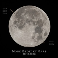 Mond bedeckt MarsDer Mond bleibt gegenüber den Sternen und Planeten um ca. einen Vollmonddurchmesser pro Stunde in Richtung Osten zurück. Daher wandert er scheinbar von West nach Ost über Mars hinweg. Digitale Vollformat-Systemkamera, Teleobjektiv, 2 TelekonverterBrennweite 1680 mm – Blende 13 – ISO 800Belichtungszeit 7 Aufnahmen mit je 1/400 sec08.12.2022, Herrenberg-Gültstein, Baden-Württemberg