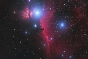 Der Pferdekopfnebel (B33)Die Molekülwolke B33 im Sternbild Orion liegt vor dem Emissionsnebel IC 434 und ihr Schatten ähnelt zufällig einem Pferdekopf. Der Pferdekopfnebel ist etwa 1400 Lichtjahre entfernt.Spiegelteleskop (7“/180 mm), monochrome Astro CCD KameraBrennweite 500 mm – Öffnungsverhältnis 2,833 Aufnahmen mit 120/180 sec in Rot/Grün/Blau/H-alphaGesamtbelichtungszeit: 72 Minuten23.-25.10.2023, Rio Hurtado Valley, Chile (ferngesteuert)