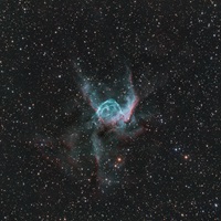 „Thors Helm“ (NGC 2359)Dieser Emissionsnebel im Sternbild Großer Hund wird durch einen Stern der Klasse der Wolf-Rayet Sterne zum Leuchten angeregt. Das leuchtende Gas ist Material, welches der Stern durch seinen hohen Strahlungsdruck selbst abgestoßen hat.Daten von 3 Spiegelteleskopen (20“/51cm; 17“/43cm; 12.5“/32cm), monochrome Astro CCD-Kameras88 Aufnahmen à 120/180/300 sec in Rot/Grün/Blau/Halpha/OIII aus 7 Nächten in 2023 und 2024Gesamtbelichtungszeit: 5 h 14 mSiding Springs Observ., Australien (ferngesteuert)