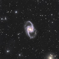 Die Balkenspirale NGC 1365NGC 1365 ist ein schöner Vertreter der Balkenspiralgalaxien. Sie ist etwa 68 Millionen Lichtjahre entfernt und gehört zum Fornax-Galaxienhaufen. Sie zeigt sehr aktive Sternentstehung in ihren Spiralarmen.Spiegelteleskop (20“/51 cm), monochrome Astro CCD-KameraGesamtbelichtungszeit: 9 Stunden36 Aufnahmen à 900 sec in L/R/G/B21.03.2023, Siding Springs Observatory, Australien (ferngesteuert)